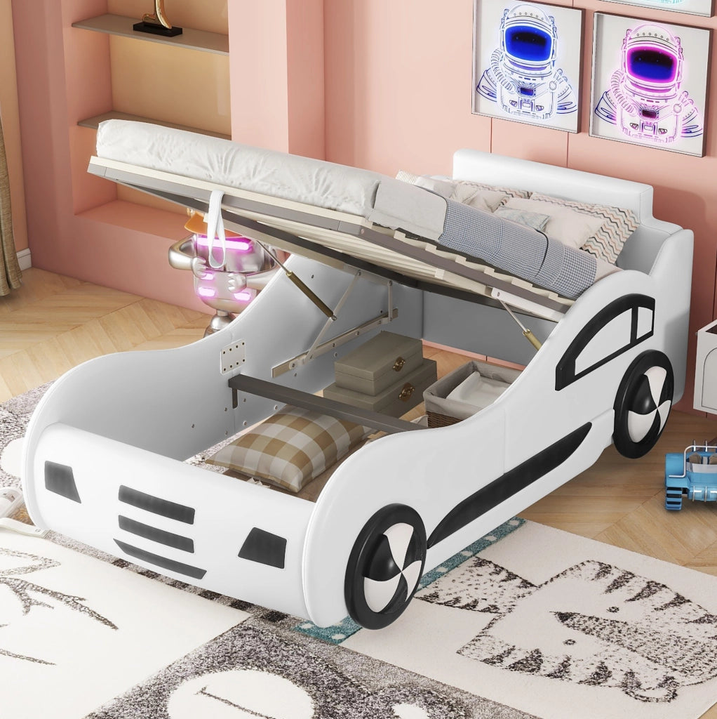 Letto bambino a forma di auto 90x200 cm con contenitore e rete a doghe; bianco