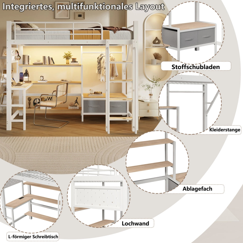Letto a soppalco 90x200 cm con scrivania; ripiani; cassetti in tessuto; LED e USB; bianco
