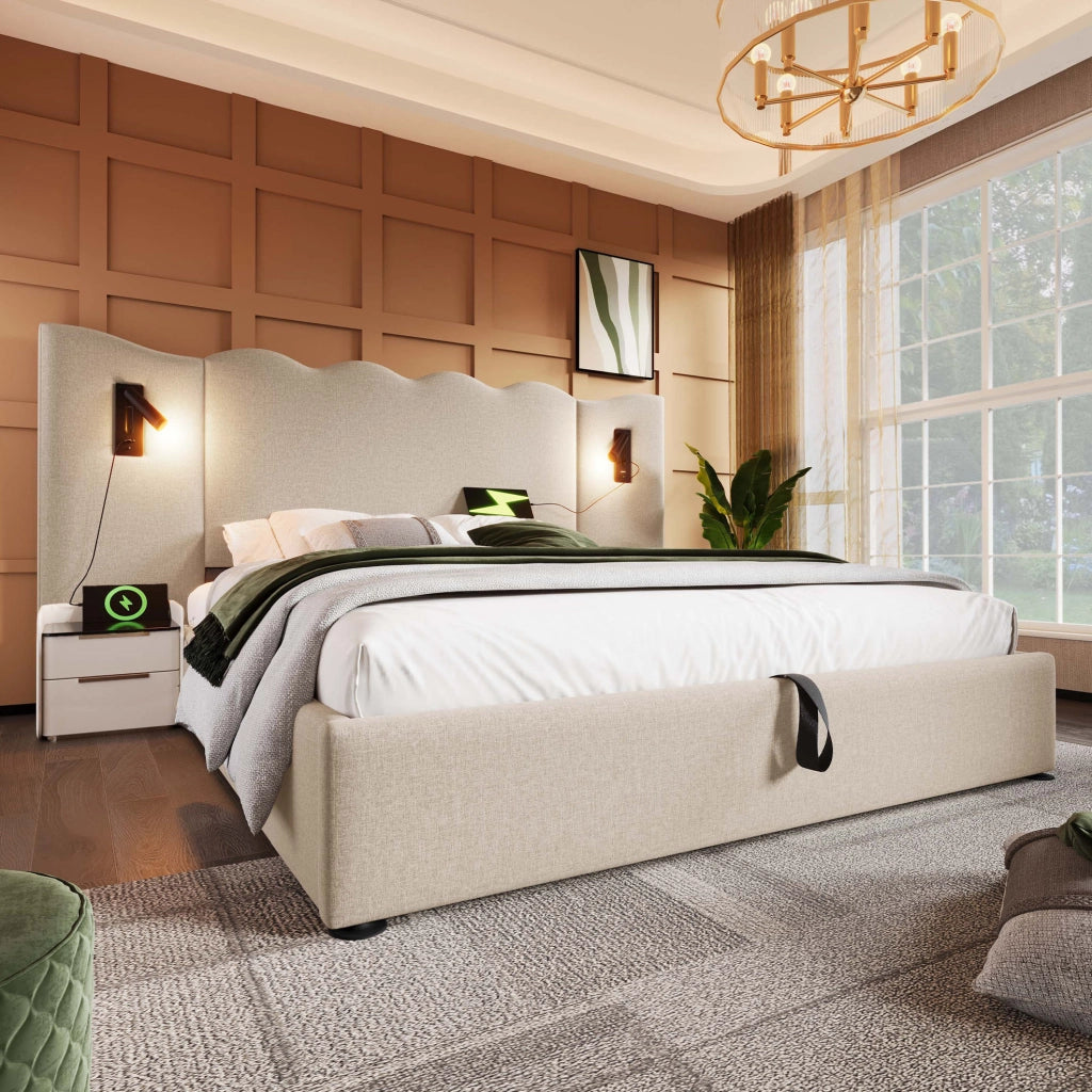 Letto 160x200 cm con luce da lettura e ricarica USB; in lino beige