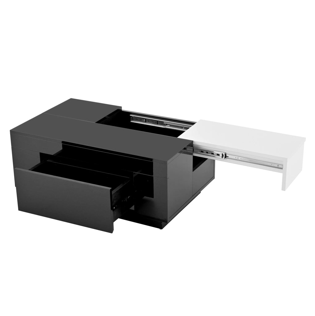 Tavolino da salotto 80x50x35.5 cm con illuminazione LED RGB; piano estraibile; MDF nero e bianco