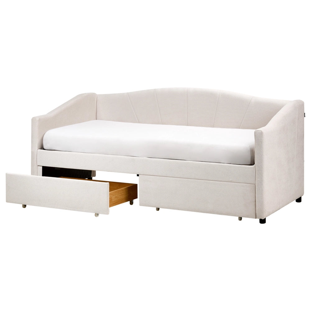 Letto da giorno Dimensioni singole Imbottitura in poliestere Struttura a doghe Cassetti in legno compensato di eucalipto beige chiaro Camera da letto moderna
