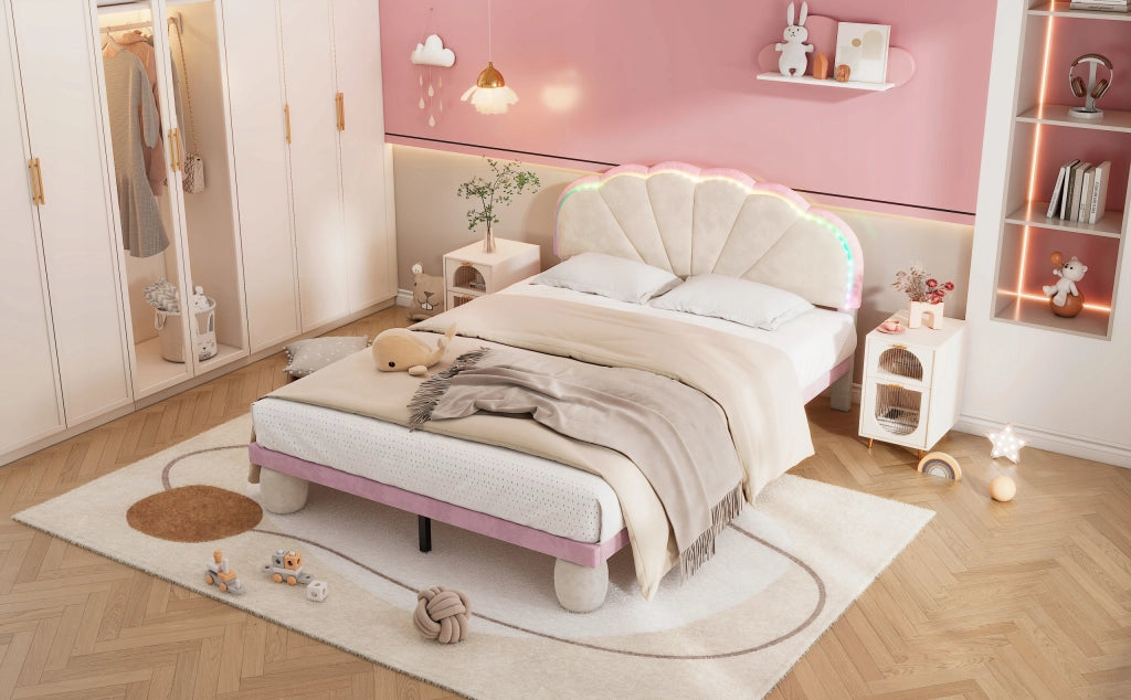 Letto imbottito con LED - Xylo - 140x200 - Beige+Rosa - Senza materasso