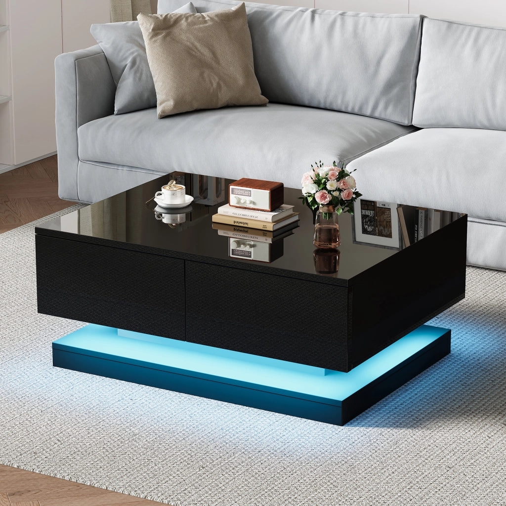 Tavolino da salotto con illuminazione LED - Zephmum- 90x50x38cm- Nero- 2 cassetti, controllo via app