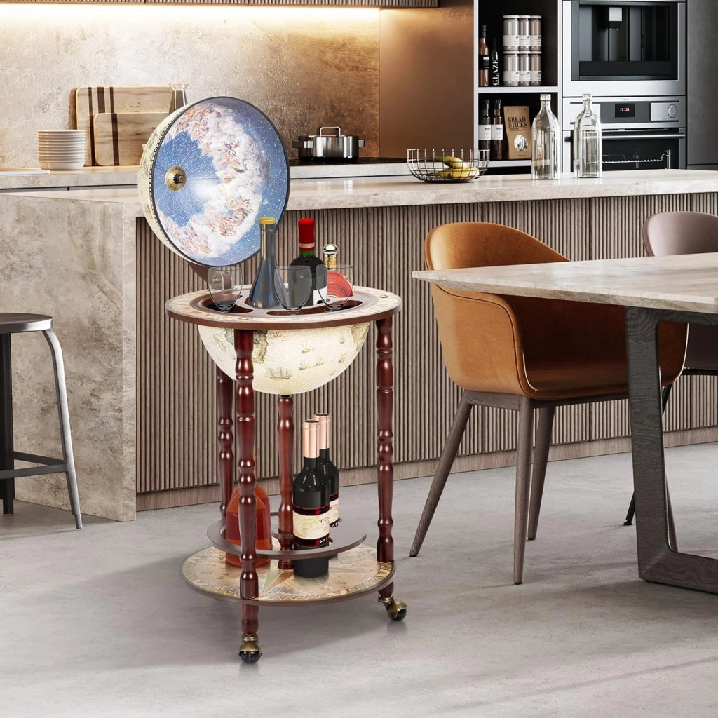Portavino a Mappamondo, Portabottiglie a Forma di Mappamondo, Scaffale per Vino con Ruote,Porta Liquori Stile Retrò, Supporto per Bottiglia in Legno, 88 x 45 x 45cm