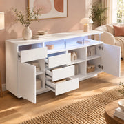Credenza ULEVR 160x40x75 cm bianca con LED, 4 cassetti, 2 ante e ripiani regolabili