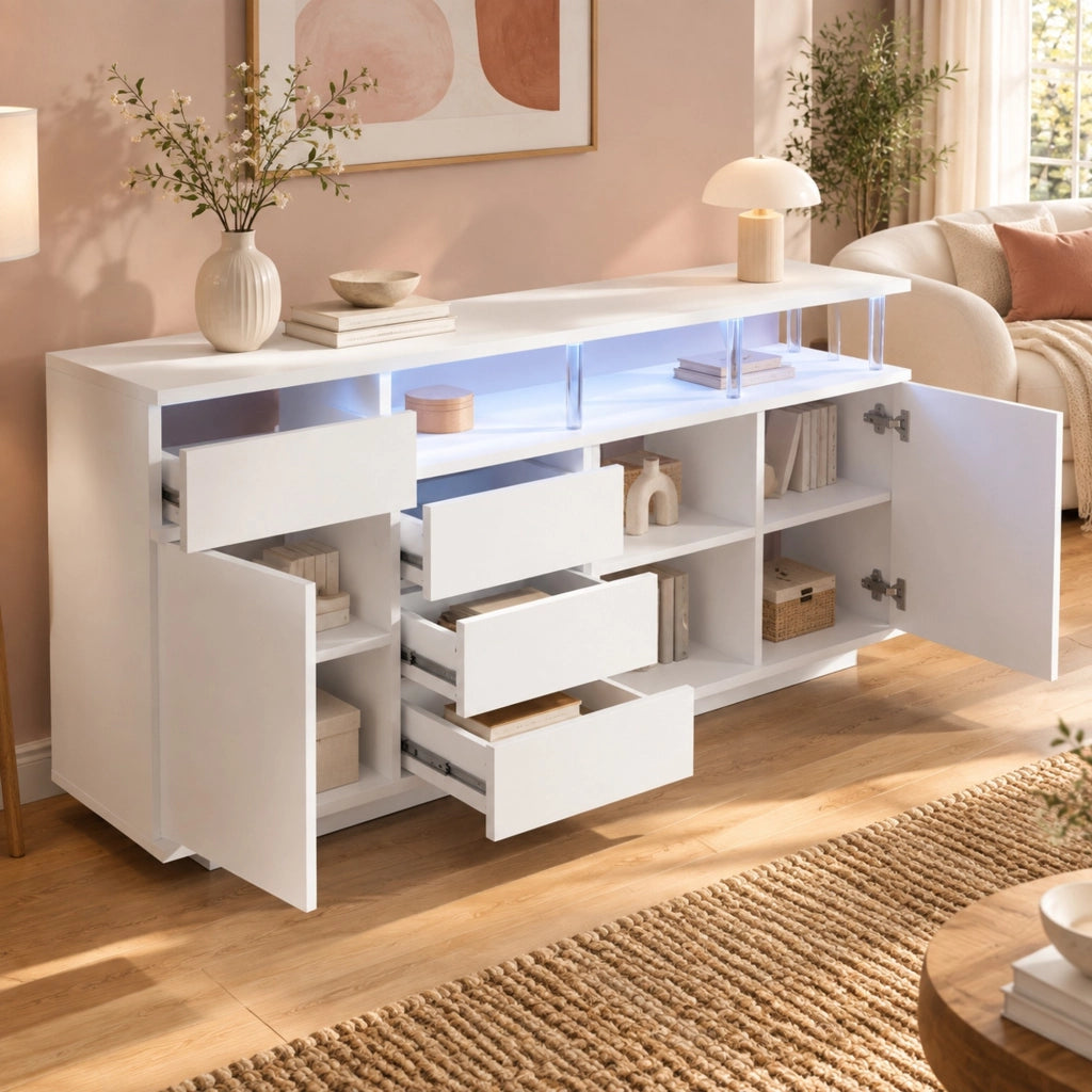 Credenza ULEVR 160x40x75 cm bianca con LED, 4 cassetti, 2 ante e ripiani regolabili