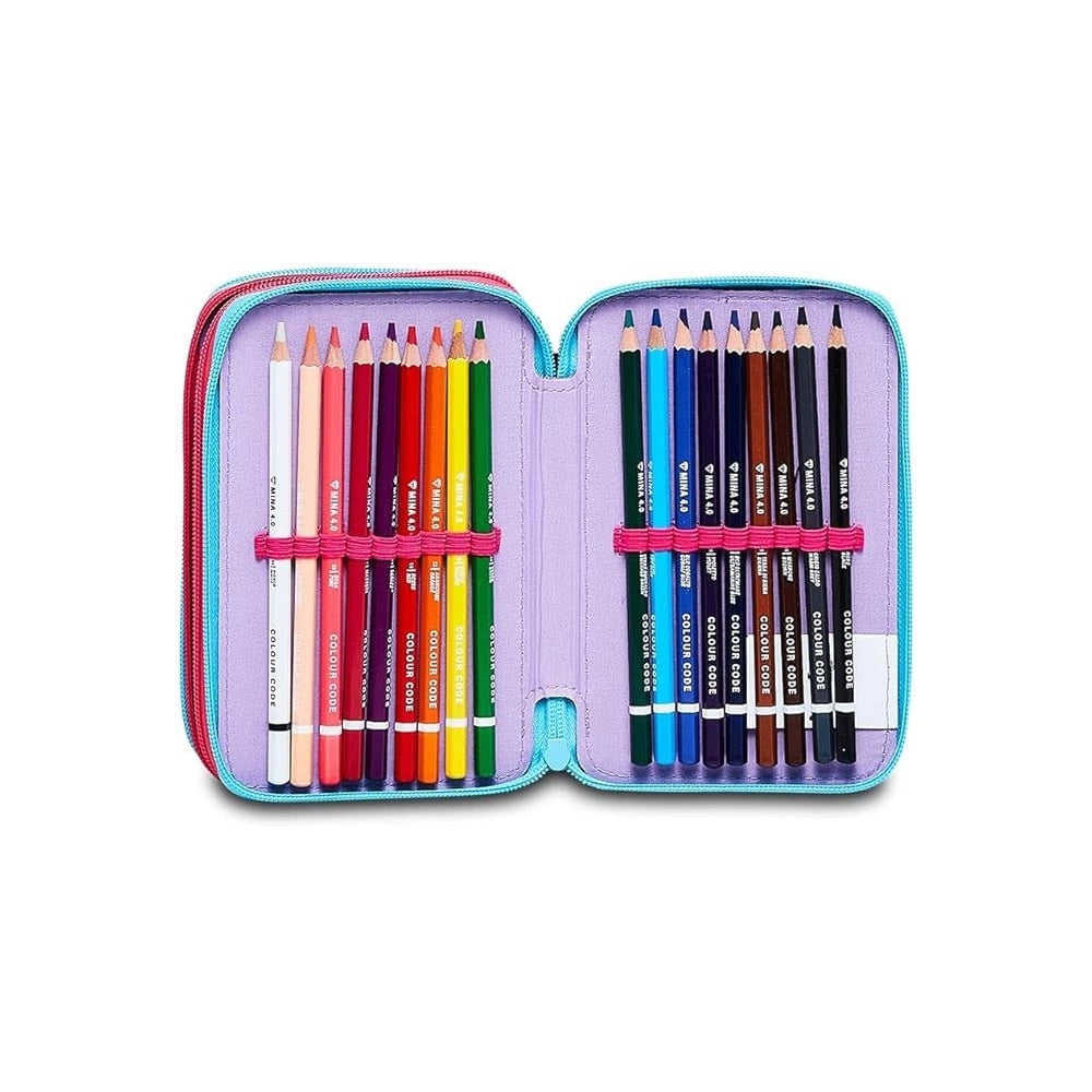Trade Shop - Astuccio Stitch E Lilo 3 Zip Per Scuola Elementare Completo Di Accessori Seven -