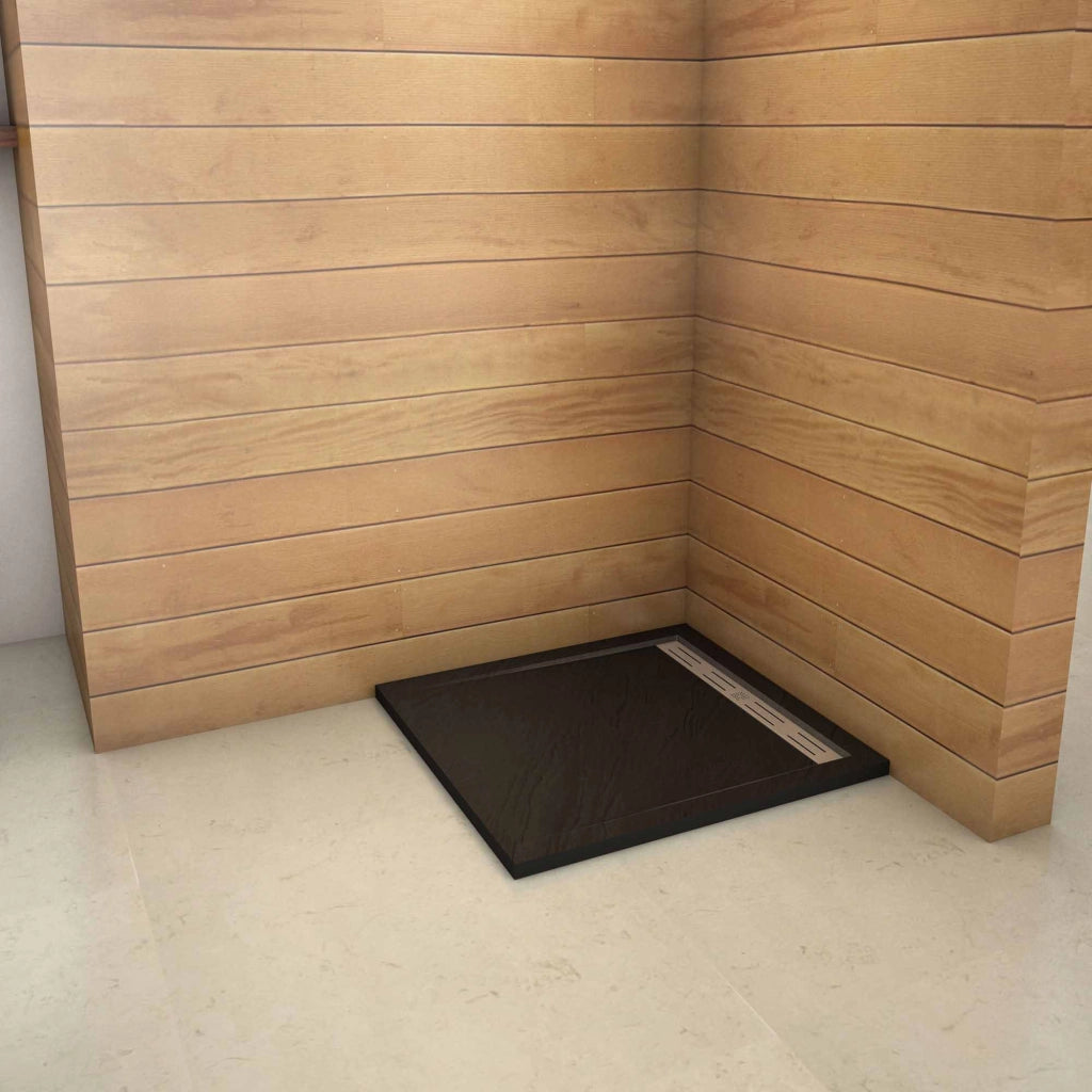 Piatto Doccia Quadrato 90x90x3cm in Pietra Vulcanica e Resina Mista Finitura Pietra Nera Ruvida Ultraslim Antiscivolo Antibatterico