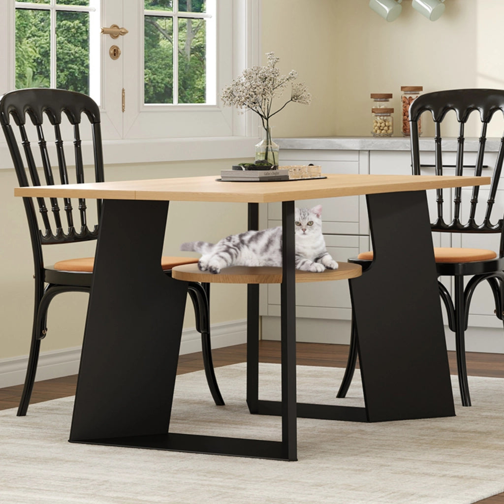 Tavolo da pranzo con area per gatti e ripiano inferiore, piano apribile, per cucina e sala da pranzo, nero e naturale, 130 × 85 × 75 cm
