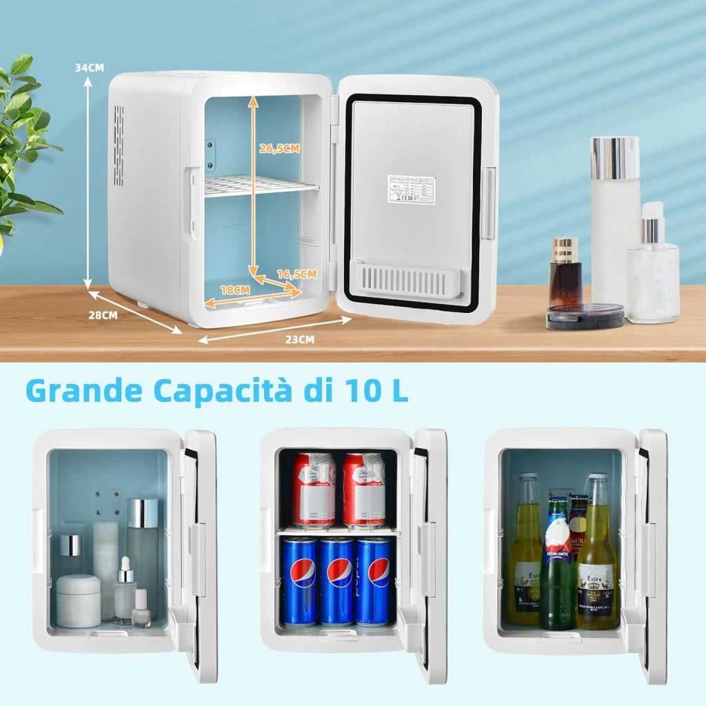 10 L Mini Frigo Portatile 220 V AC/12 V DC con Specchio LED per Prodotti di Bellezza, Bevande, Frigo Termostatico e Riscaldamento per Auto, 23 x 28 x 34 cm