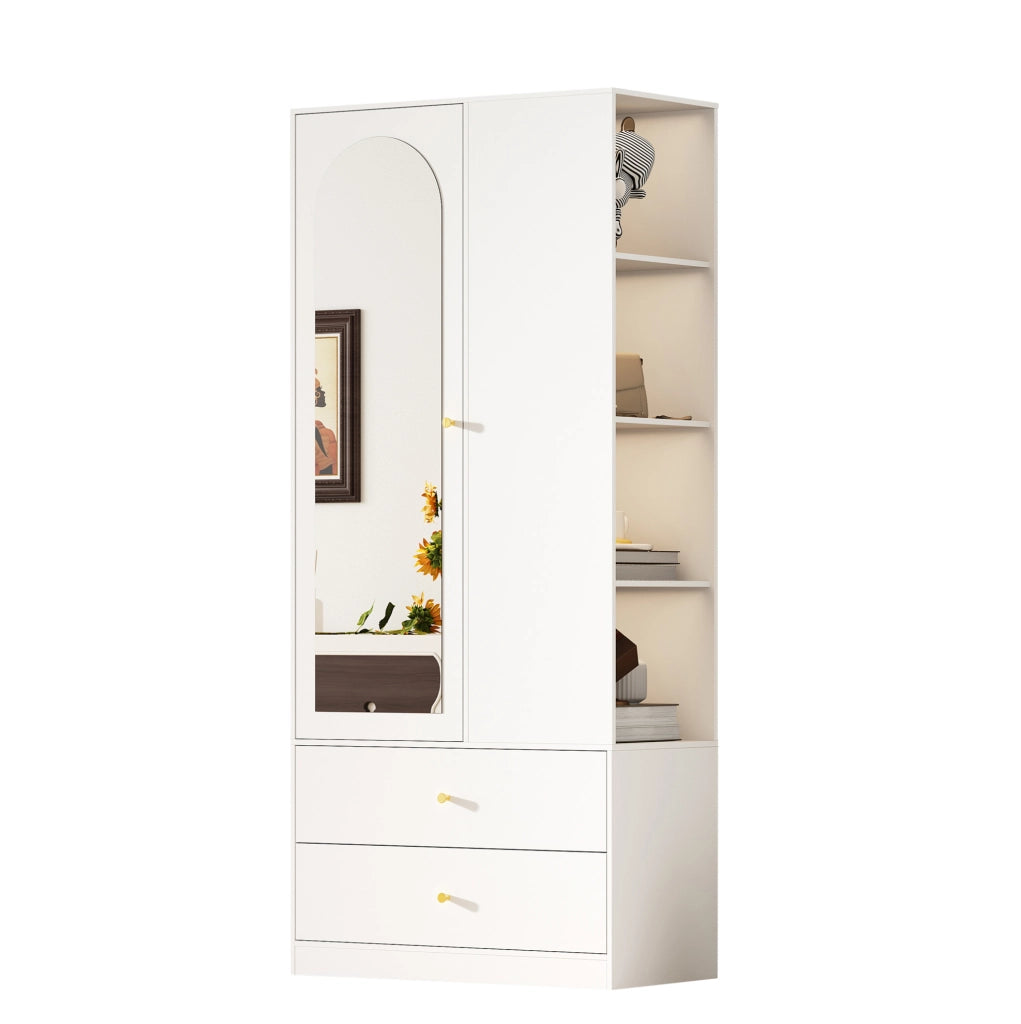 Armadio guardaroba bianco con specchio, 2 cassetti e 4 ripiani, 80x40x180 cm