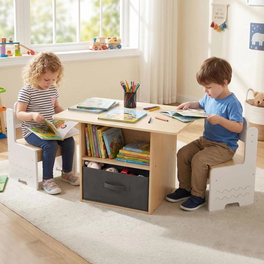 Set di Tavolo e 2 Sedie per Bambini 3+ Anni, Tavolo e 2 Sedie in Legno con Scomparti Doppio Lato e Cassetto Pieghevole in Tessuto, Ideale per Leggere, Giocare per Cameretta Bambini (Bianco)