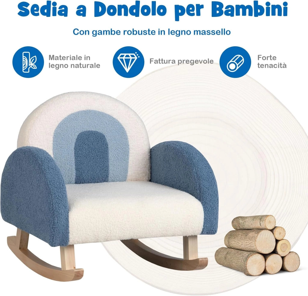 Sedia a Dondolo per Bambini con Gambe in Legno Massello, Poltrona per Bambini di 3-5 Anni, Divanetto Singolo Imbottito per Cameretta, 50,5 x 49 x 50,5 cm, Portata 50 kg (Blu)