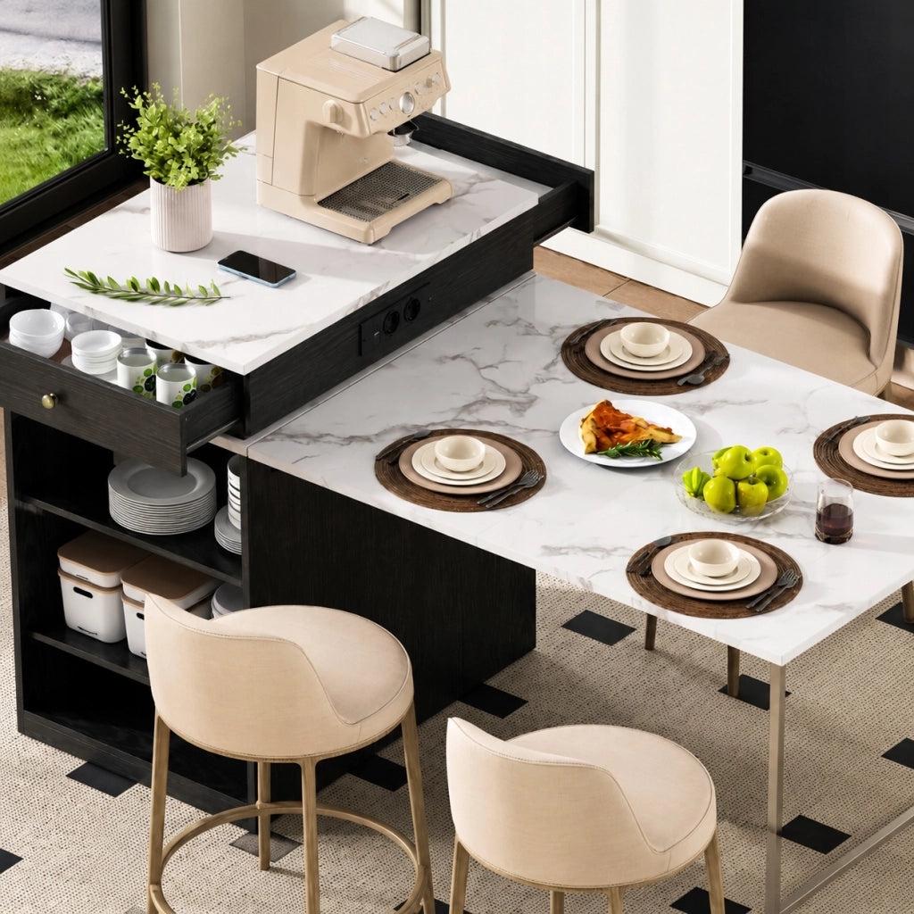 Isola da Cucina con Ruote 80x151x92 cm; Tavolo Estensibile con Prese Elettriche; Mobile Multiuso Nero e Bianco