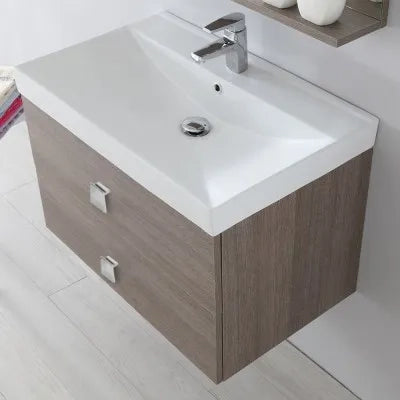 Mobile bagno sospeso 75x51 cm rovere scuro con due cassettoni completo di lavabo specchio e mensola Bravo