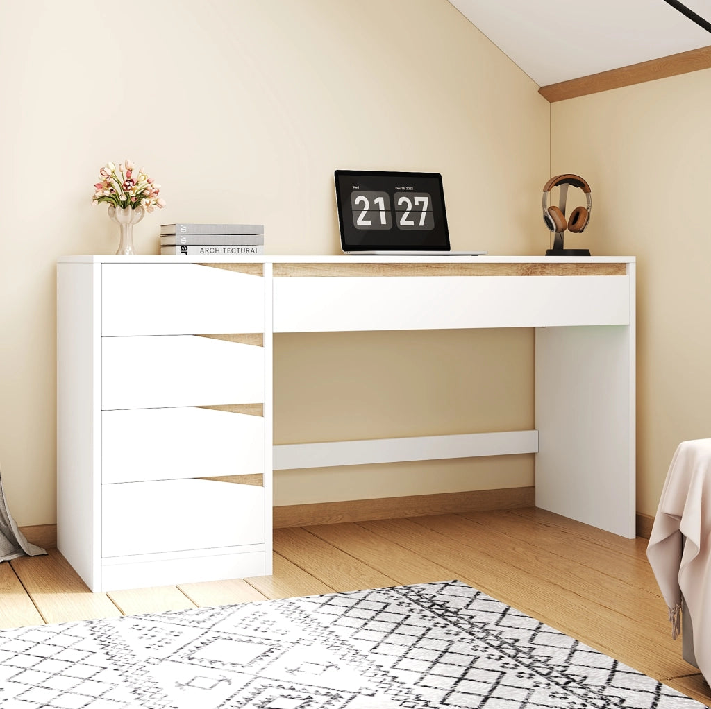 Scrivania 140x50 cm con 5 cassetti; bianco e rovere; in truciolare