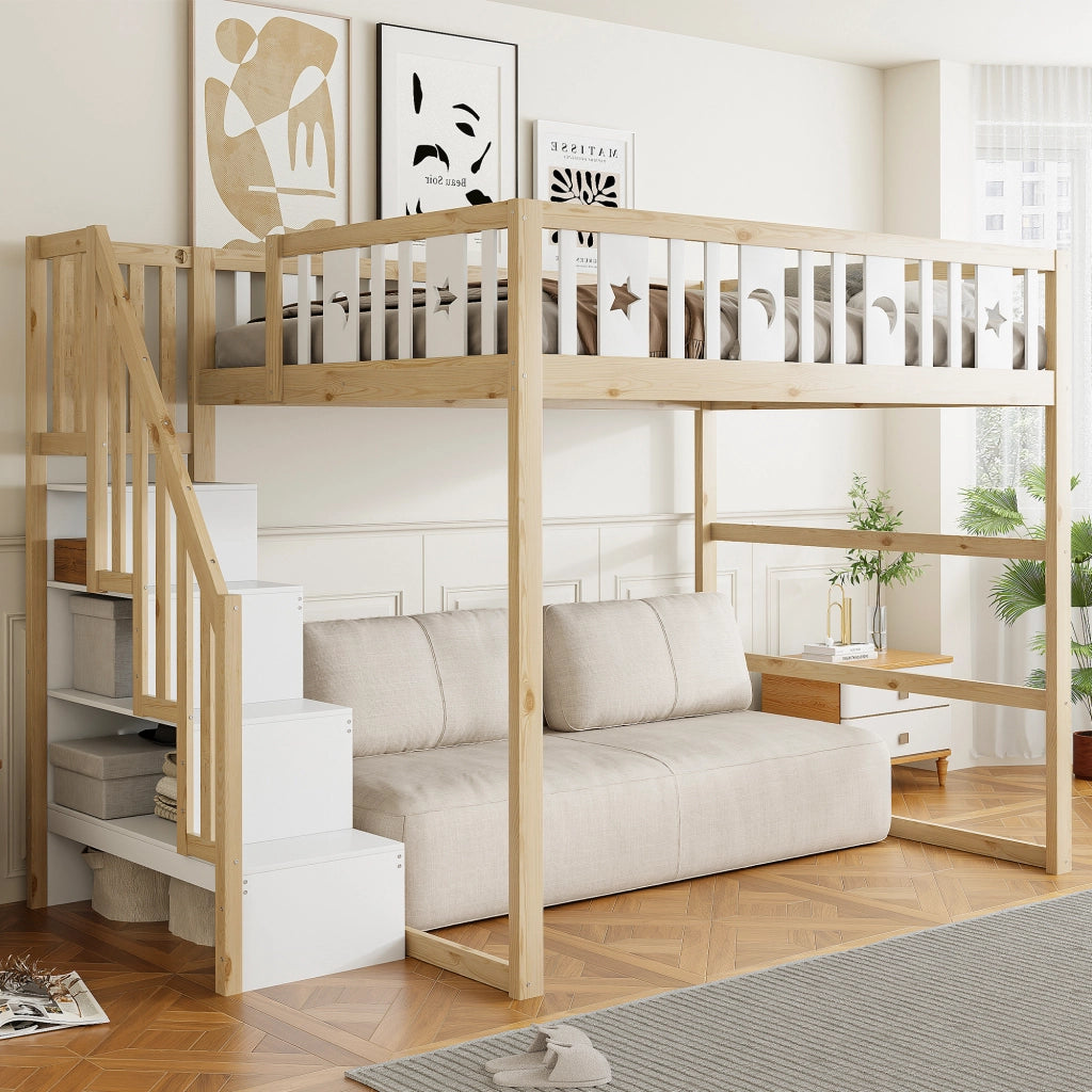 Letto a soppalco per bambini 140 × 200 cm con scala e ripiani, zona divano, senza materasso, legno massiccio bianco naturale