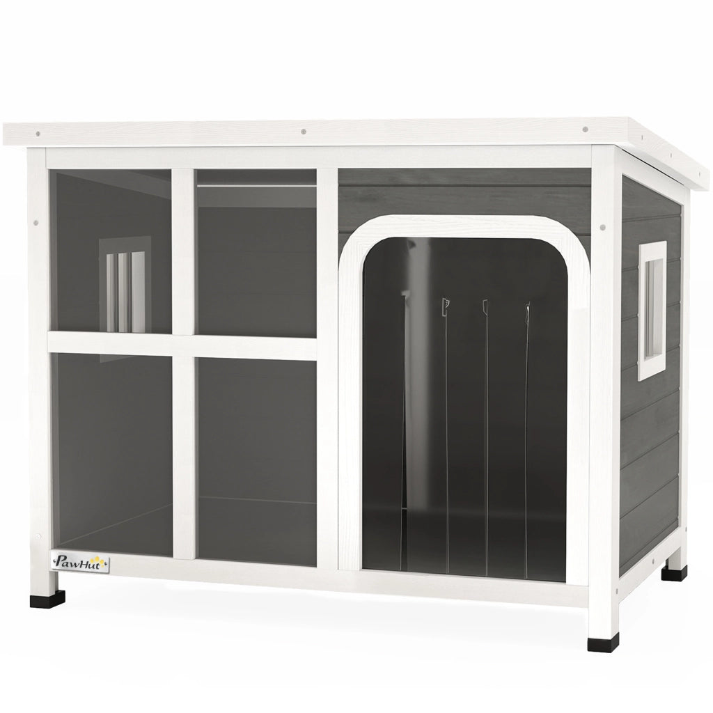 Casetta per Cani con Finestrelle e Ingresso a Tenda, in Legno di Abete, 90x62x71 cm, Grigio Chiaro
