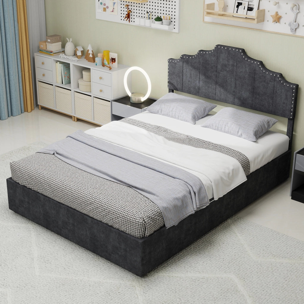 Letto Contenitore Matrimoniale 160x200 cm; con Testiera Geometrica in Tessuto; Grigio