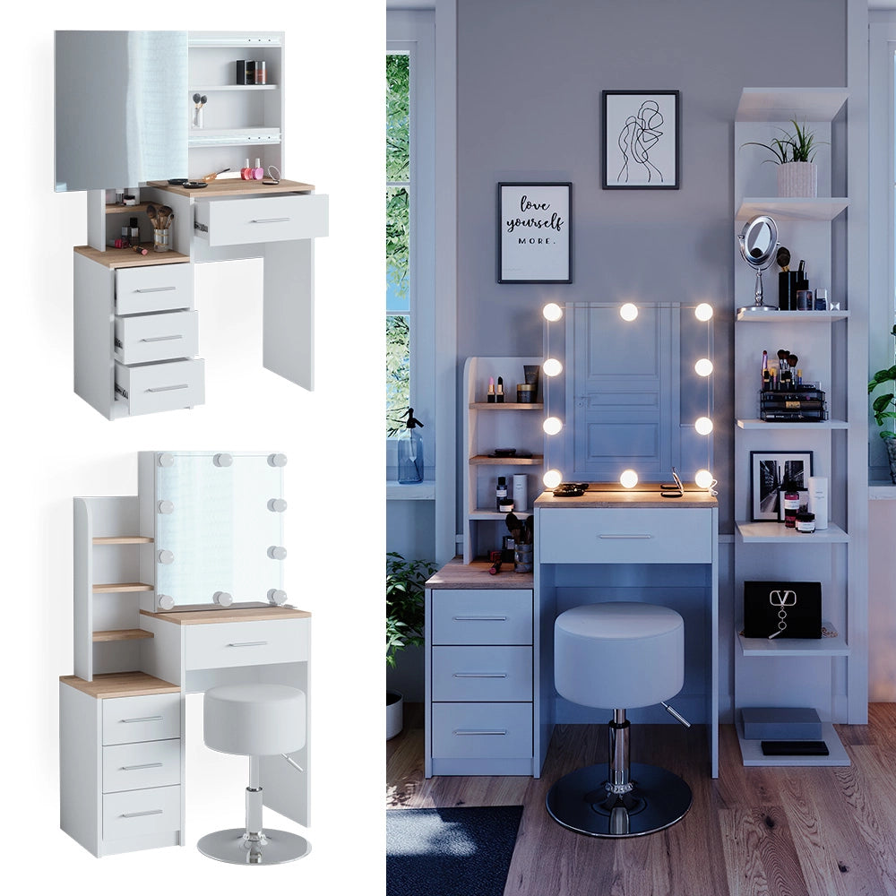 Tavolo da toeletta Conrada Bianco/Sonoma 80 cm con illuminazione LED e sgabello Vicco