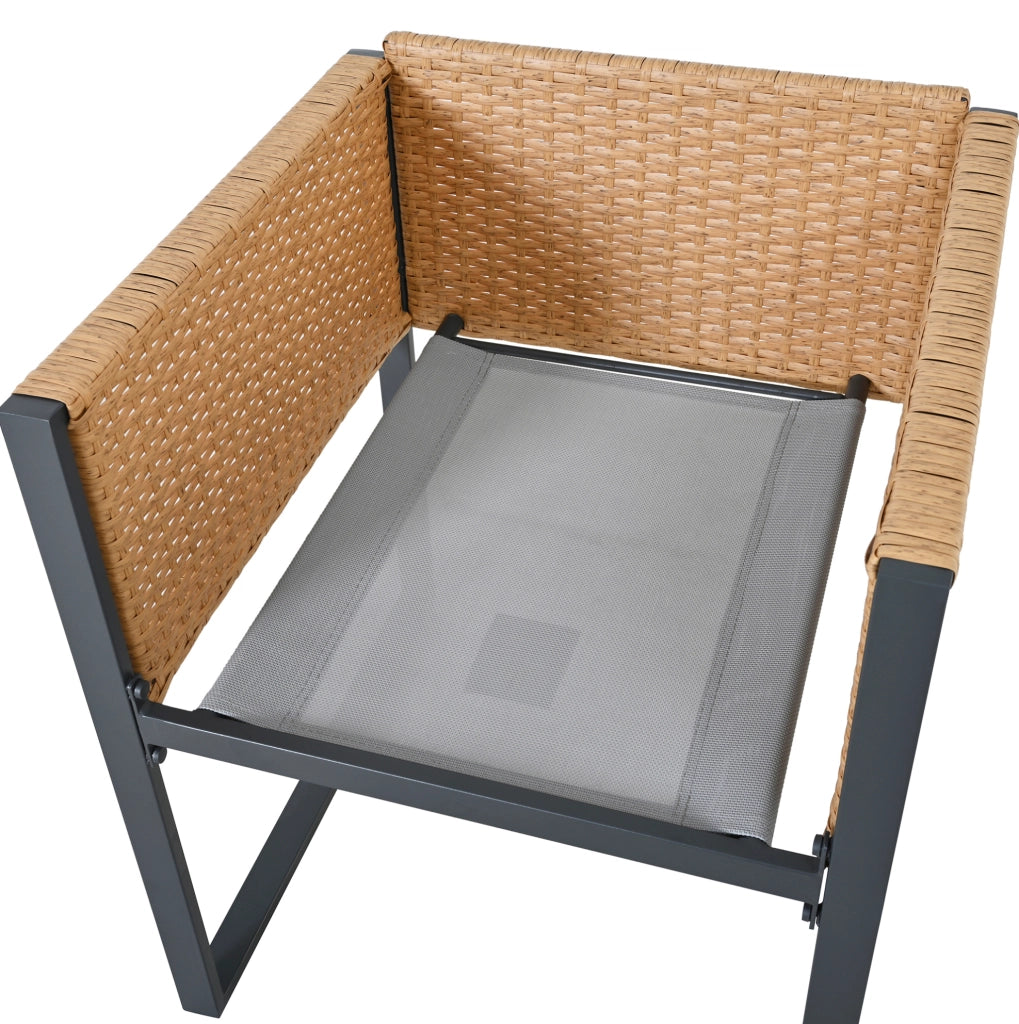 Set da pranzo da giardino in PE rattan con tavolo in vetro temperato e 6 sedie; nero e marrone