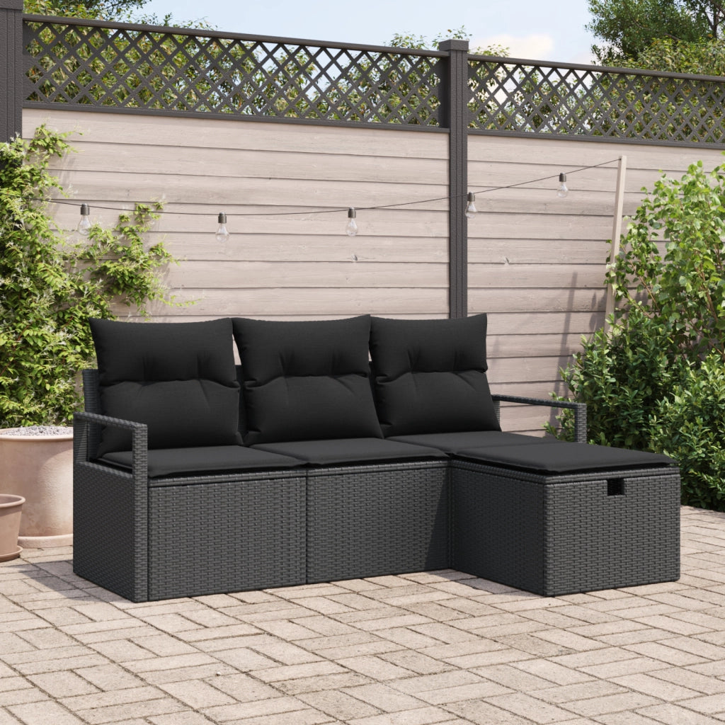 Set Divano da Giardino a 4 Pezzi con Cuscini Rattan Nero
