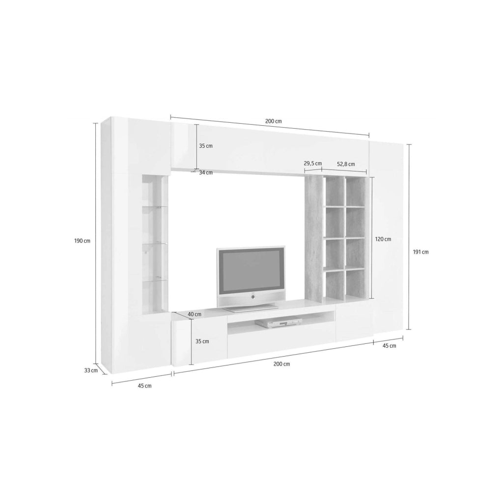 Mobile Soggiorno Andy, Parete Attrezzata 20 Ripiani Made in Italy, 290x40x192h cm Bianco Lucido