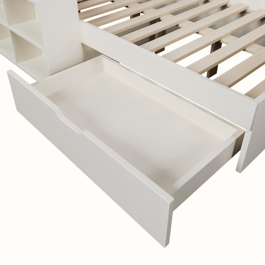 Letto 140x200 cm con vani contenitore, lampade e prese USB, in truciolare, MDF e compensato bianco