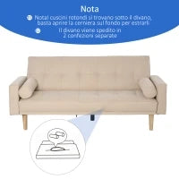 Divano Letto 3 Posti con Schienale Regolabile su 3 Livelli, 2 Cuscini e Braccioli Rimovibili, Beige, 185x84x85cm