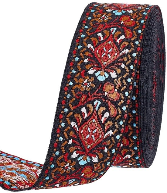 Tessuto Jacquard 4 cm largo - 9,1 m continuo materiale - Bordeau a fiori - Stile etnico - Nastro decorativo - Ideale per cucire - Nastro decorativo