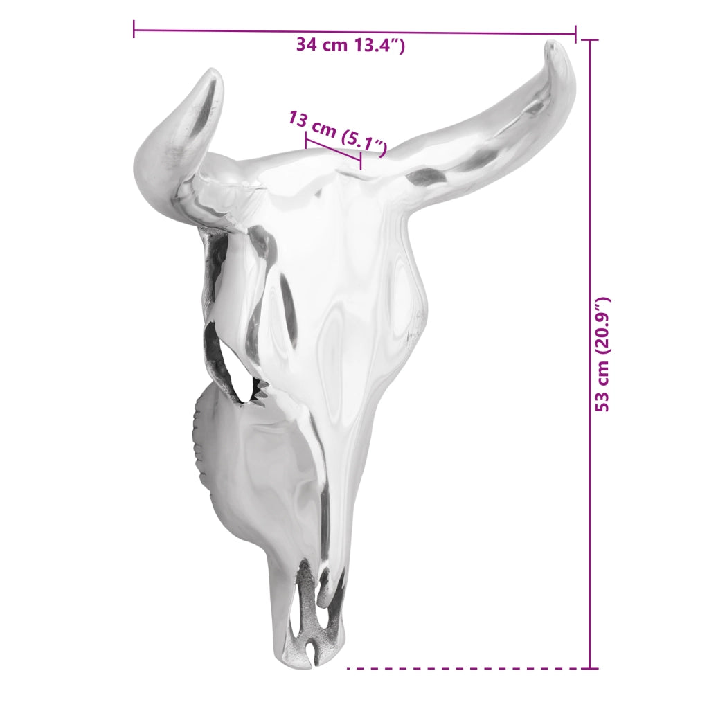 Teschio di Toro da Muro Argento 34x13x53 cm Alluminio