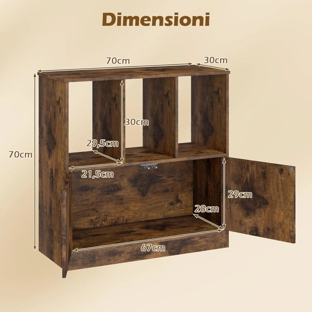 Libreria con 3 Cubi Aperti e 2 Ante, Scaffale a 2 Livelli, Mensola Moderna da Terra in Legno, per Soggiorno, Studio e Camera da Letto, 70 x 30 x70 cm (Marrone Rustico)
