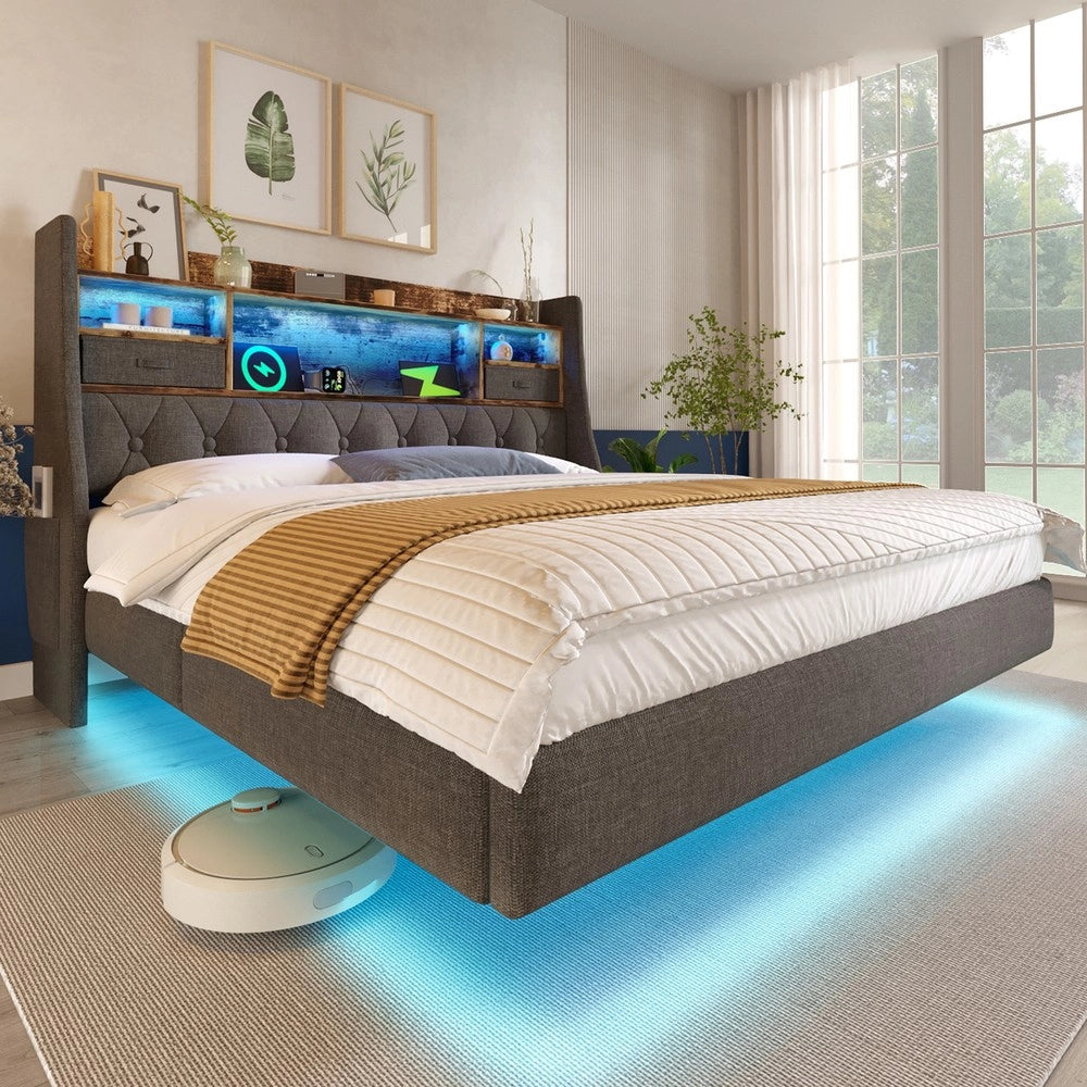 Letto Imbottito Matrimoniale con LED e Contenitore ¨C MINIMAL ¨C Lino Grigio 180x200