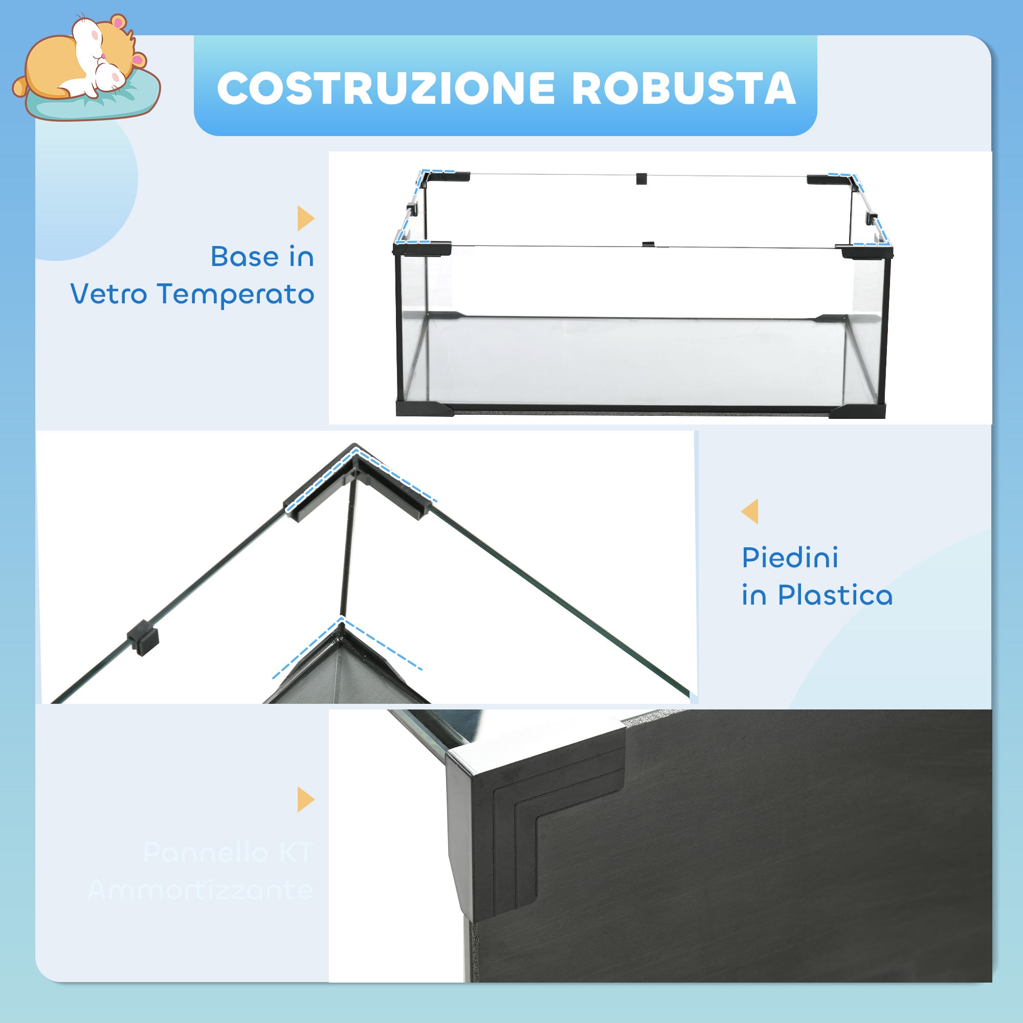 Gabbia per Criceti a 3 Livelli 76.5x48.5x54.5 cm con Base in Vetro Temperato Ruota e Accessori Nero