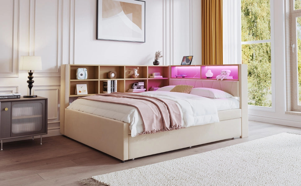DESMIU Divano letto 140 × 200 cm 2 posti con letto estraibile 90 × 190 cm, LED, USB, tipo C e presa, senza materasso, beige