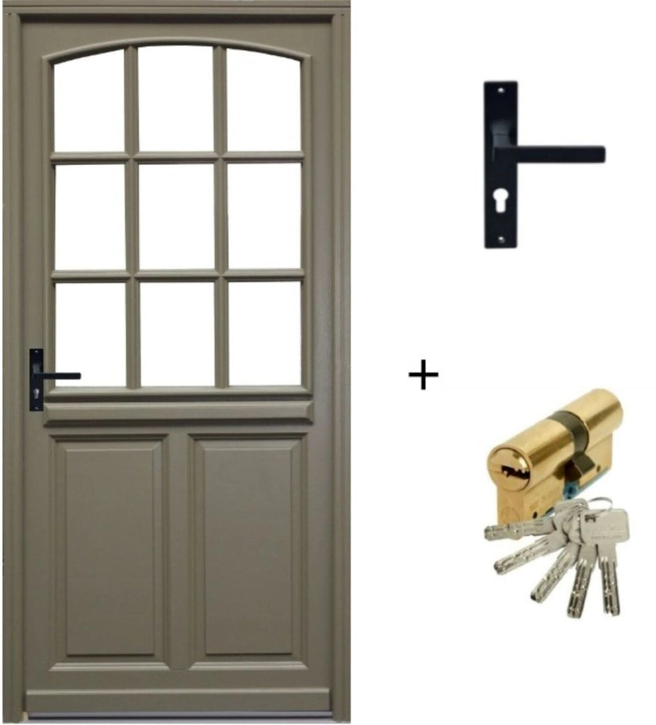 Porta d'ingresso in legno smaltato, Ady, Verde RAL7002,, H.215xl.90 p. destra + Maniglia E Canna (ref010723NO) Dimensioni tavolo senza maniglia
