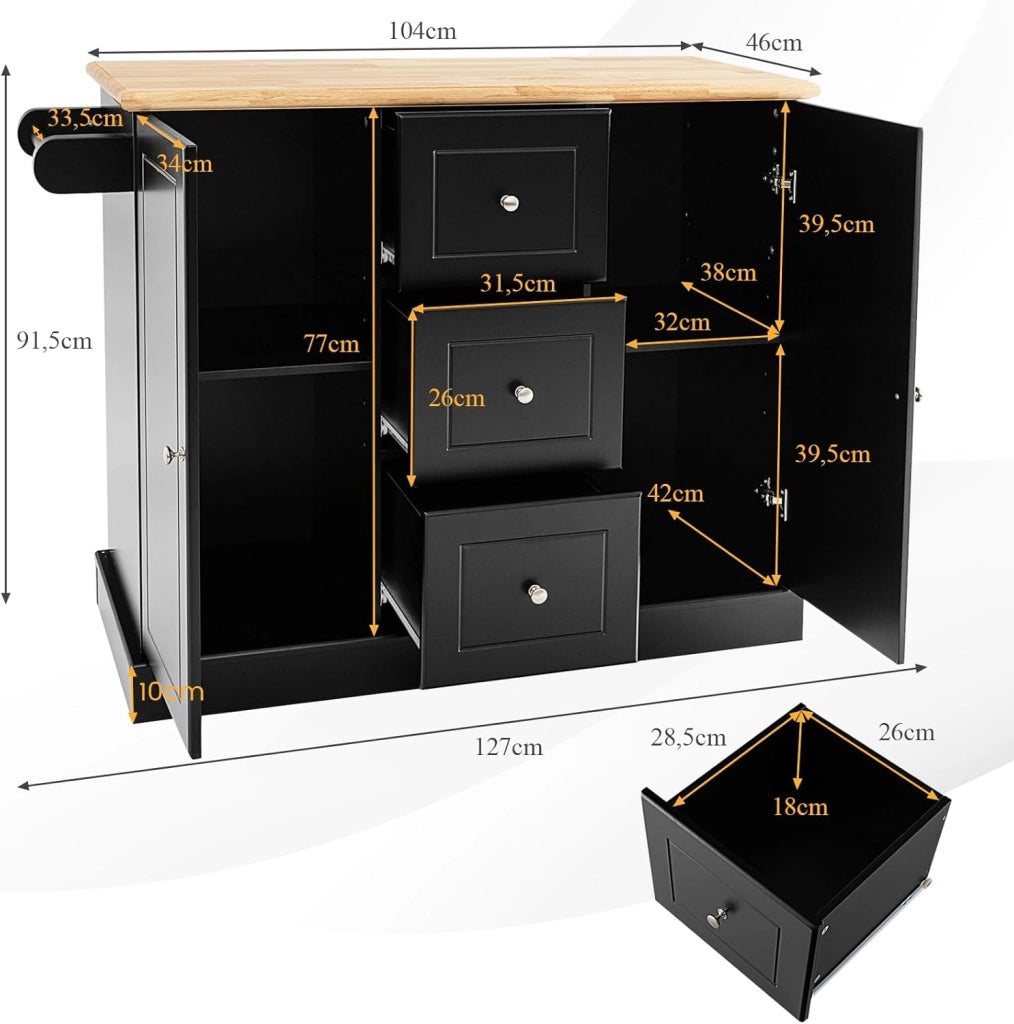 Carrello da Cucina in Legno di Quercia con 2 Armadi e 3 Cassetti, Credenza con 5 Rotelle e Cerniere in Metallo, Isola da Cucina per Soggiorno e Sala da Pranzo (Nero)