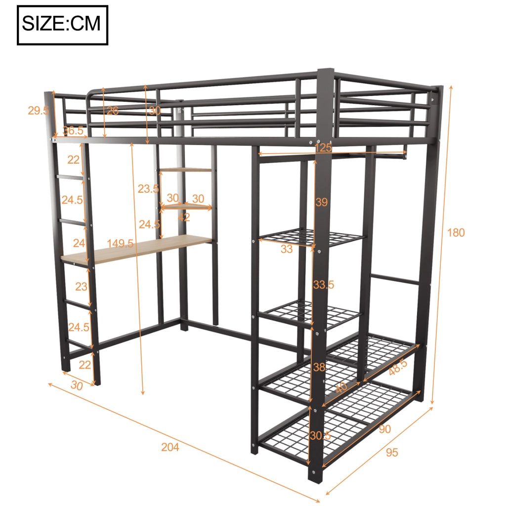 Letto a soppalco singolo 90x200 cm in metallo nero con scrivania; armadietto e scala