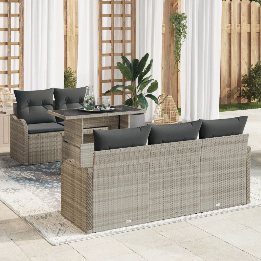 Set di divani da giardino con cuscini grigio chiaro in rattan poly