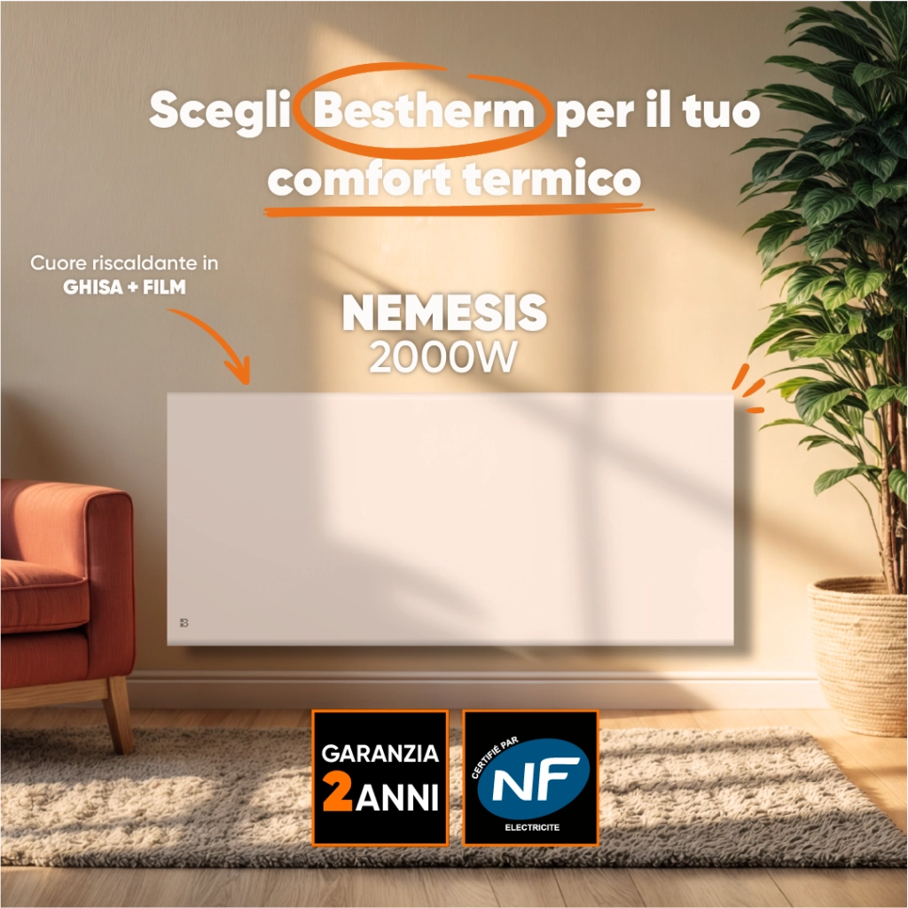Radiatore elettrico fisso ad inerzia secca ghisa+pellicola 2000W NEMESIS orizzontale bianco