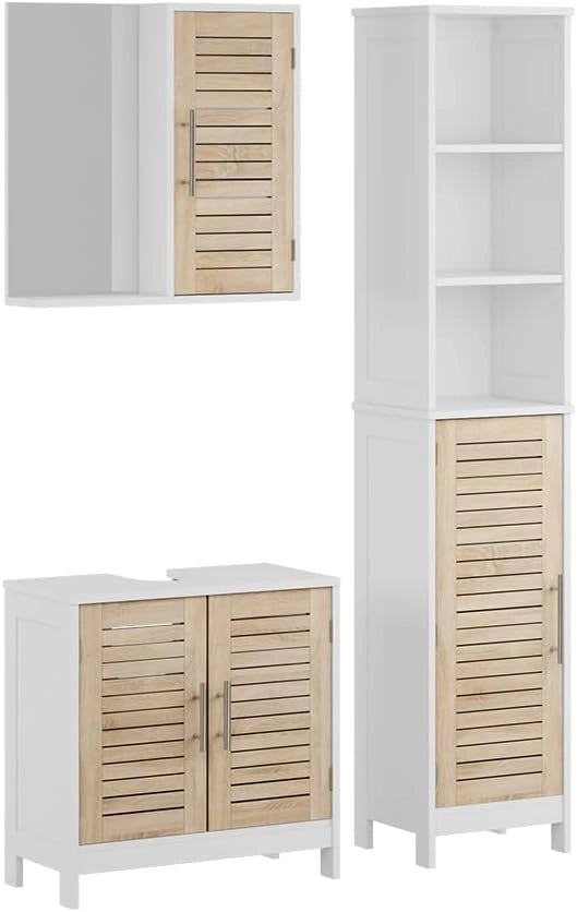 Set di mobili da bagno 3 pezzi Looma, Bianco/quercia, 60 cm, composto da mobile sottolavabo, specchiera e mobile medio