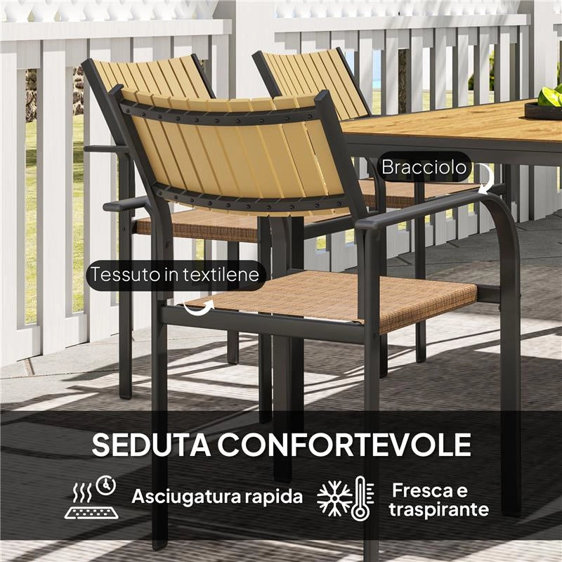 SET TAVOLO DA GIARDINO ALLUNGABILE CON 6 SEDIE DA ESTERNO IMPILABILI ACCIAIO E TEXTILENE MARRONE