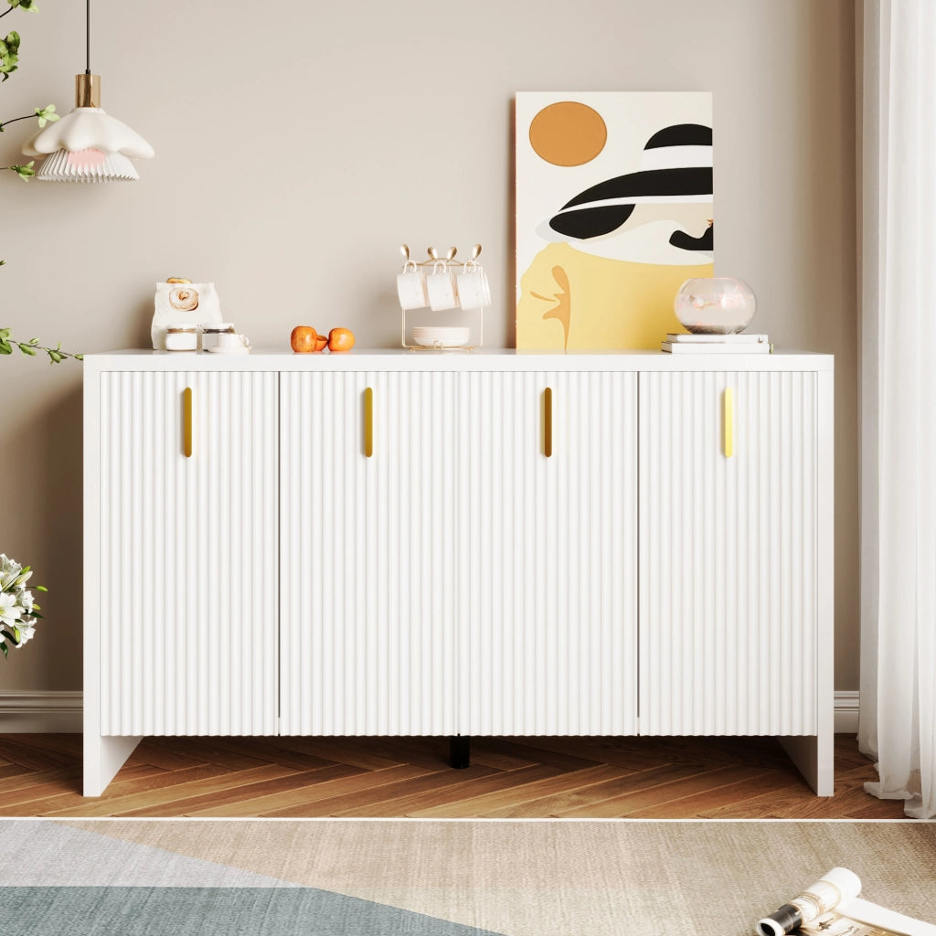Sideboard moderno bianco con maniglie oro e ripiani interni regolabili, 140 x 38 x 80 cm