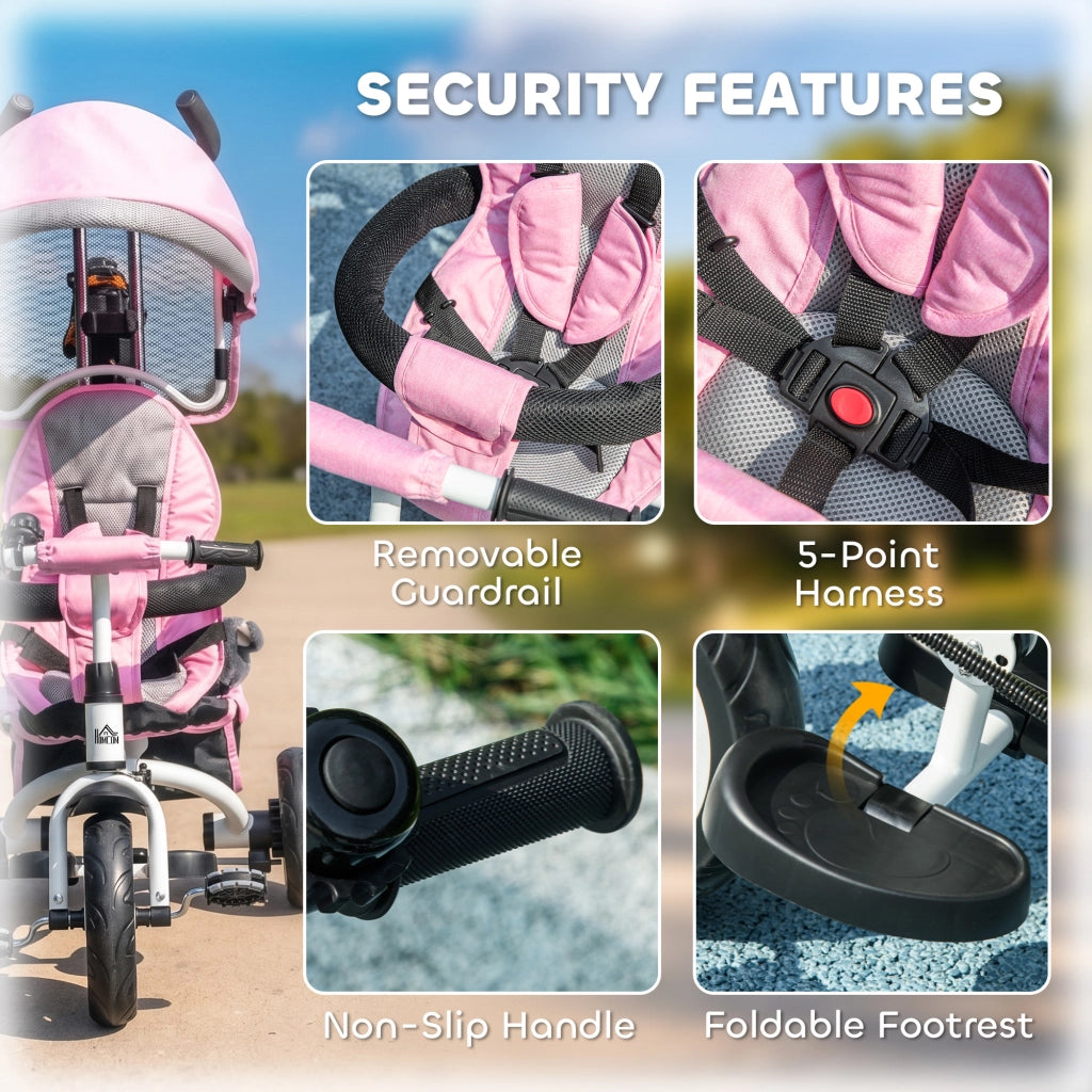 Triciclo 6 in 1 per Bambini ¨C Xylo ¨C con Maniglione, Tettuccio Regolabile e Cintura di Sicurezza, Rosa, 1-5 Anni