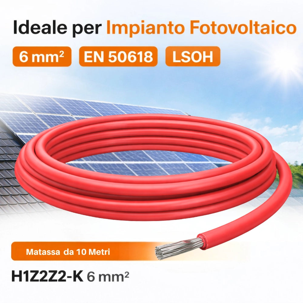 Cavo solare unipolare rosso flessibile 6 mm² per impianti fotovoltaici *** lunghezza metri 10, confezione 1