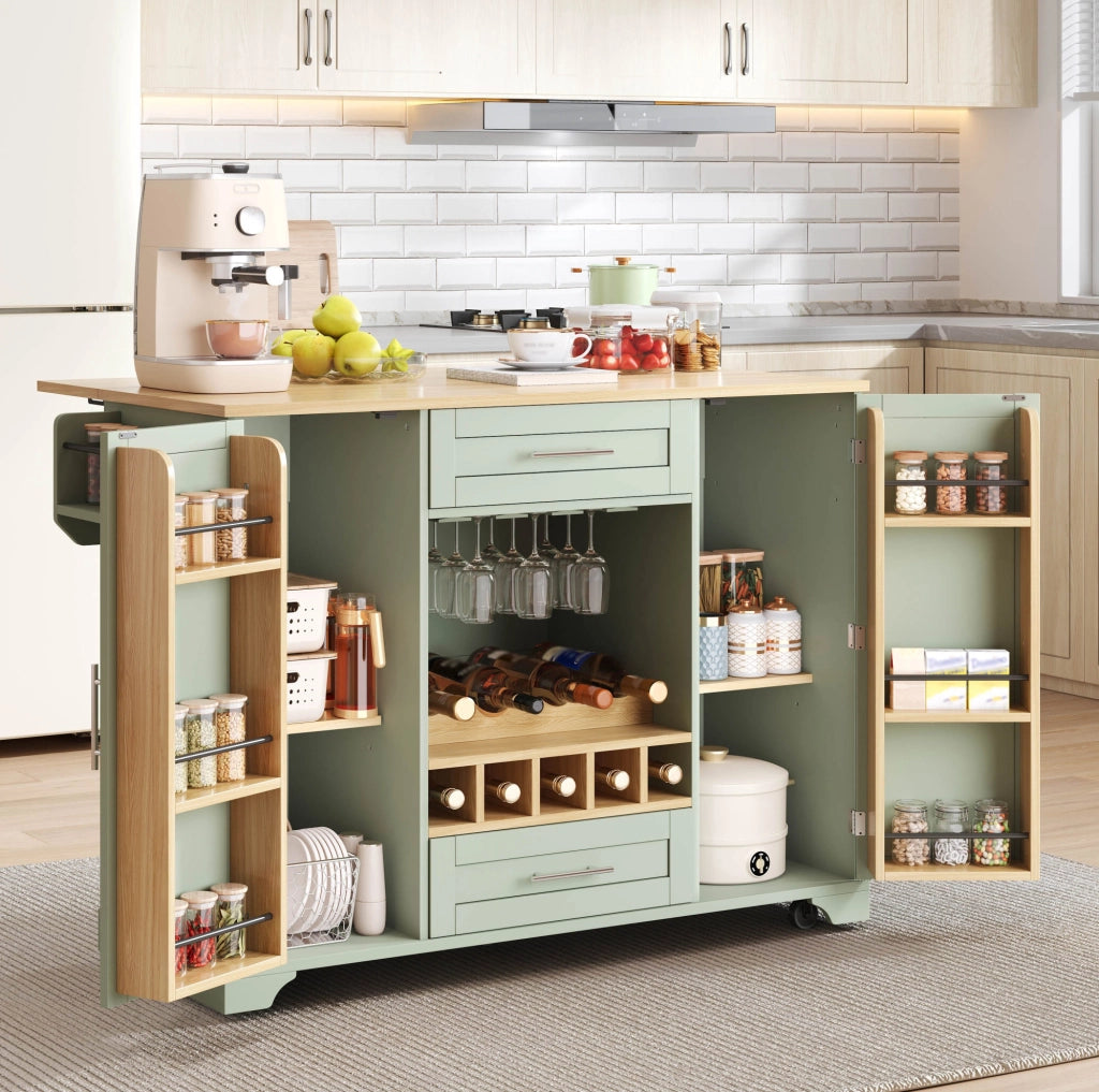Carrello da cucina verde antico con piano pieghevole e portabottiglie