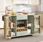 Carrello da cucina verde antico con piano pieghevole e portabottiglie