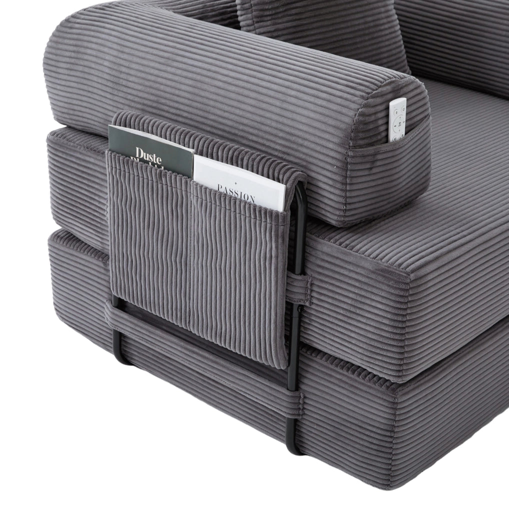 Divano modulare in velluto a coste grigio scuro 112x190x67 cm con pouf e tasca laterale