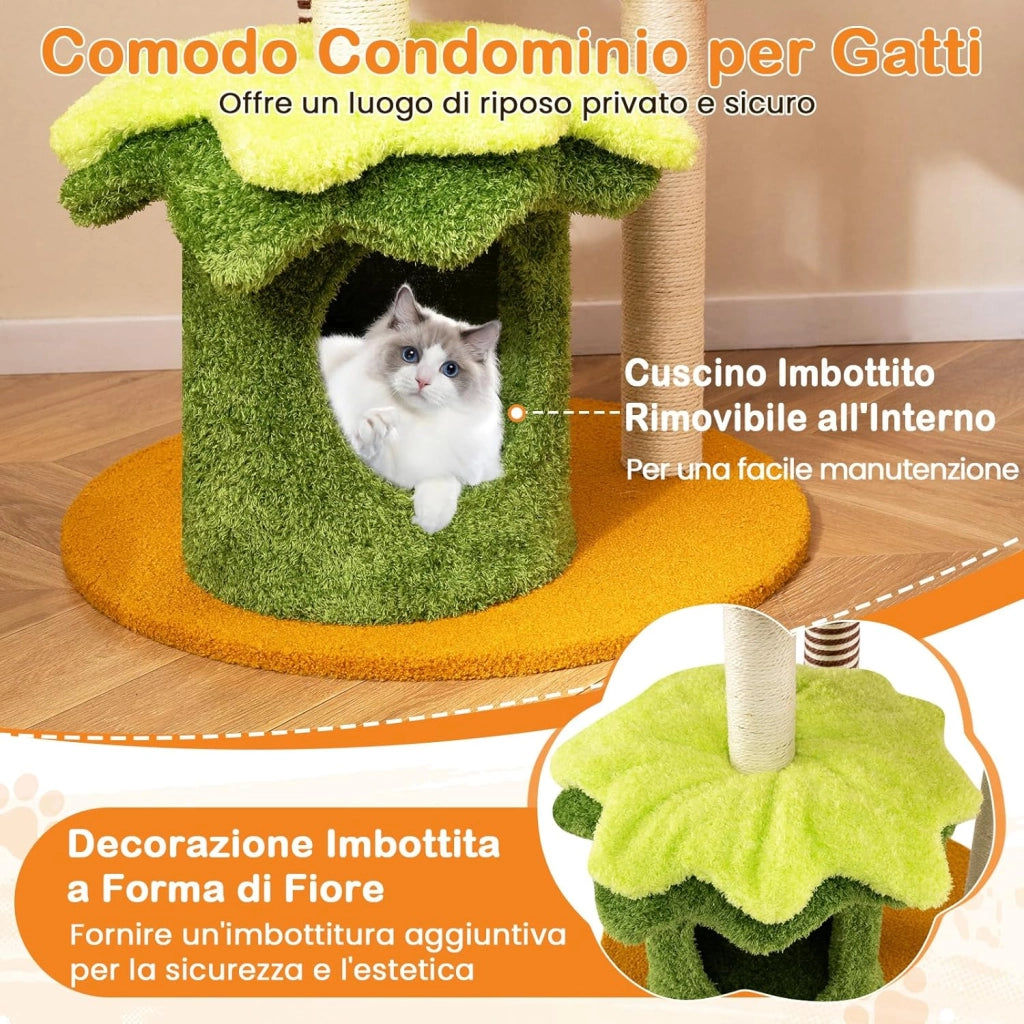 Albero per Gatti 117 cm, Tiragraffi per Gatti a Tema Hamburger con Letto a Cestino Sospeso, Condominio, Trespolo Imbottito, Tiragraffi in Sisal, Cuscini Peluche e Giocattolo Sospeso