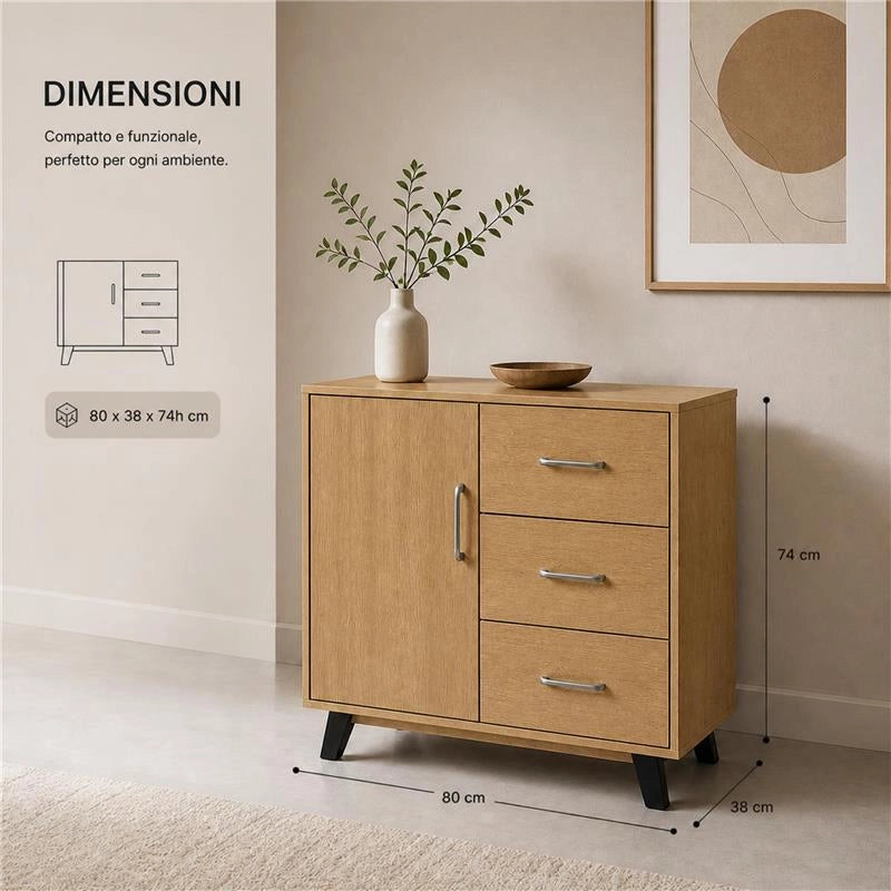 MOBILE MODERNO IN LEGNO CON 3 CASSETTI, 1 ANTA E PIANO D'APPOGGIO COLORE ROVERE DIMENSIONI 80X38X74 CM